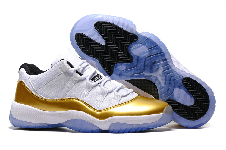 Women Nike Air Jordan 11 Low Olympic White Metallic Gold Coin Black Shoes